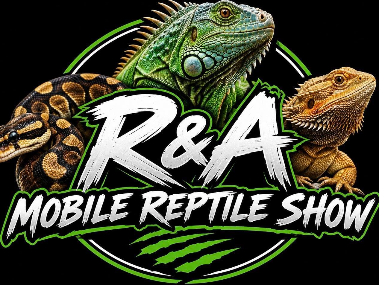 R&A Mobile Reptile Show logo: a ball python, green iguana, and bearded dragon